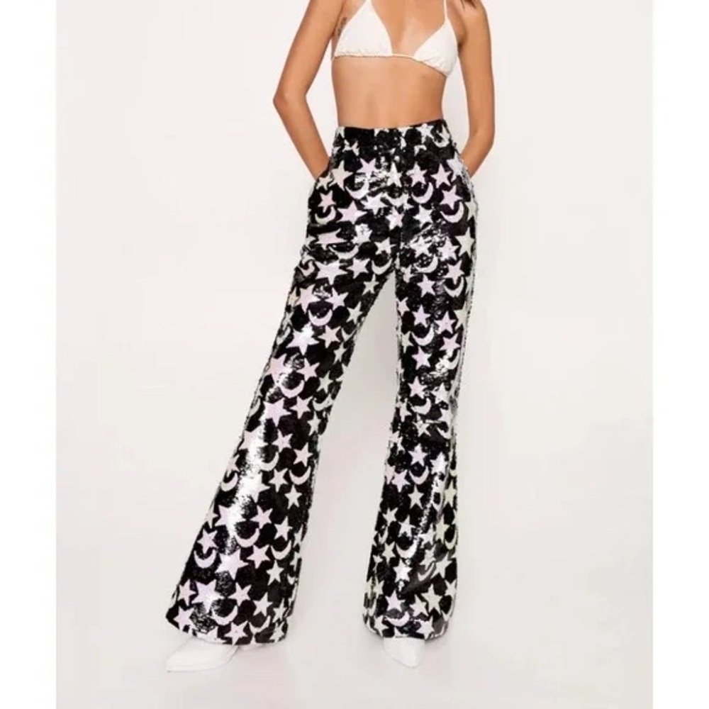 Nasty Gal Black & Silver Star Moon Sequin Wide Leg Pants